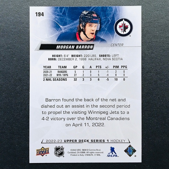 Morgan Barron - 2022-23 Upper Deck #194 - Picture 2 of 2